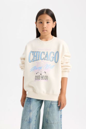 Kız Çocuk Relax Fit Bisiklet Yaka Baskılı Sweatshirt