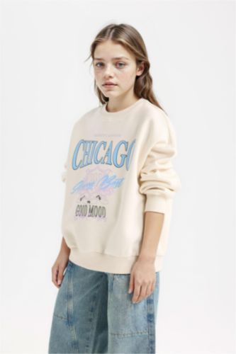 Kız Çocuk Relax Fit Bisiklet Yaka Baskılı Sweatshirt