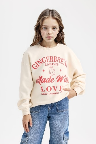 Kız Çocuk Relax Fit Bisiklet Yaka Baskılı Sweatshirt