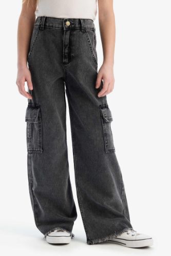 Kız Çocuk Wide Leg Kargo Geniş Bol Paça Pamuklu Jean Pantolon