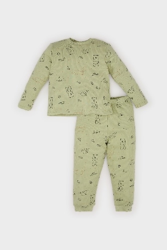 Erkek Bebek Pijama Takımı Ayı Baskılı Uzun Kollu Fitilli Kaşkorse Üst Beli Lastikli Uzun Alt