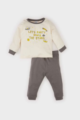 Erkek Bebek Pijama Takımı Bisiklet Yaka Baskılı Uzun Kollu Üst Beli Lastikli Uzun Alt