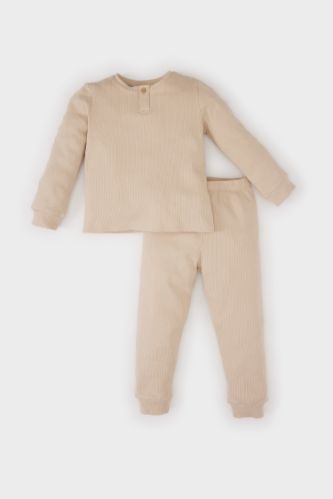 Erkek Bebek Pijama Takımı Fitilli Kaşkorse Basic Düz Bisiklet Yaka Uzun Kollu Üst Beli Lastikli Uzun Alt