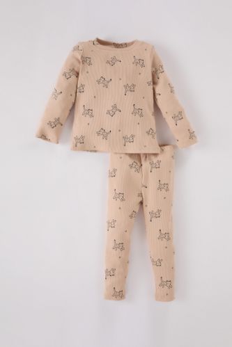 Kız Bebek Pijama Takımı Desenli Bisiklet Yaka Uzun Kollu Fitilli Kaşkorse Üst Uzun Kollu Alt