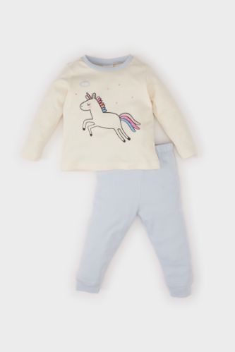 Kız Bebek Pijama Takımı Bisiklet Yaka Unicorn Baskılı Uzun Kollu Üst Beli Lastikli Uzun Alt