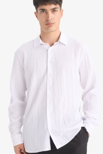 Modern Fit Polo Yaka Dokulu Esnek Kumaş Uzun Kollu Gömlek