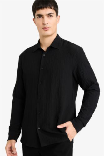 Modern Fit Polo Yaka Dokulu Esnek Kumaş Uzun Kollu Gömlek