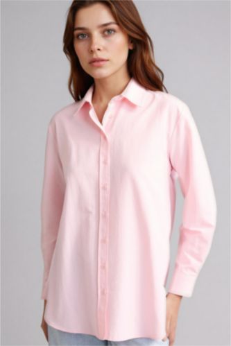 Woman Light Pink Relax Fit Poplin Shirt Collar Long Sleeve Tunic
