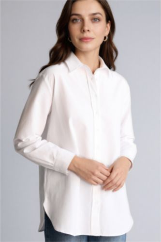 Kadın Kırık Beyaz Relax Fıt Gömlek Yaka Poplin Uzun Kollu Tunik