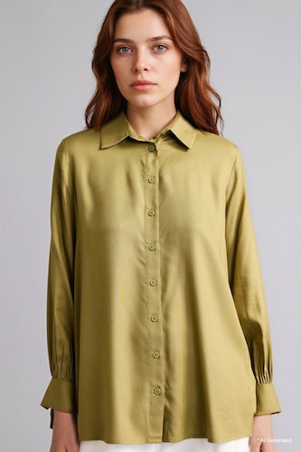 Women Olive Regular Fit Viscose Shirt Collar Long Sleeve Tunic