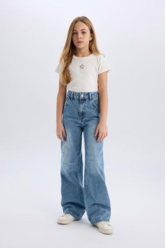 Kız Çocuk Wide Leg Yırtık Detaylı Geniş Paça Jean Pantolon