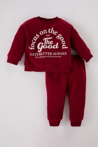 Erkek Bebek 2'li Takım Selanik Kumaş Bisiklet Yaka Baskılı Sweatshirt Beli Lastikli Eşofman Altı