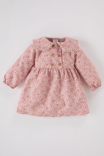 Kız Bebek Çiçekli Uzun Kollu Twill Elbise