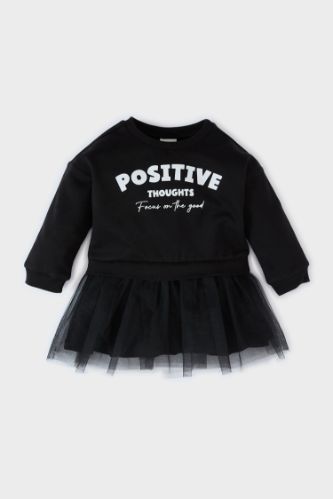 Kız Bebek Baskılı Uzun Kollu Tütü Etekli Sweatshirt Elbise