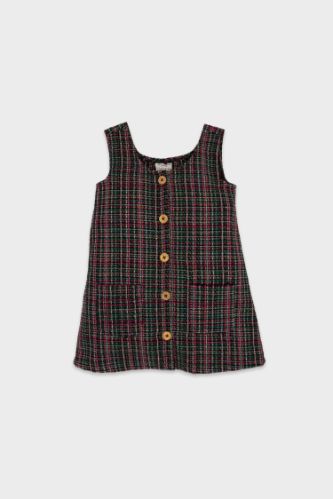 Kız Bebek Siyah Cepli Düğmeli Desenli Tweed Tulum