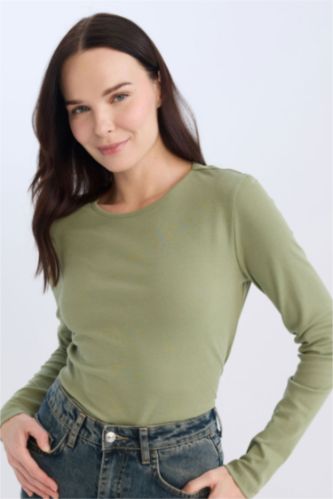 Bisiklet Yaka Casual Fitilli Kaşkorse Basic Düz Uzun Kollu Tişört