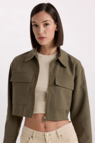 Crop Fermuarlı Çift Cepli Gabardin Uzun Kollu Gömlek Ceket
