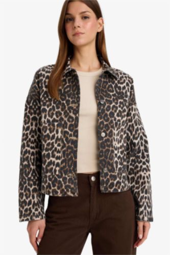Oversize Geniş Kalıp Leopar Desenli Cepli Gabardin Uzun Kollu Ceket Gömlek