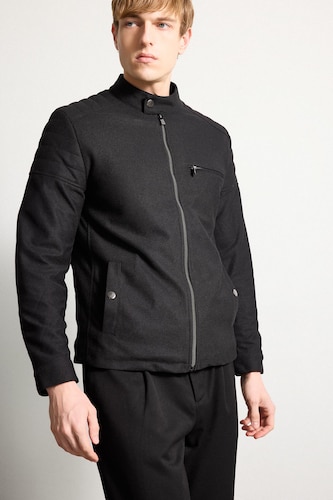 Men Black Slim Fit Zip-Up High Collar Jacket