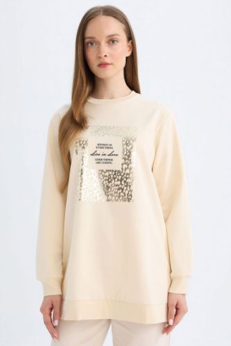 Regular Fit Bisiklet Yaka Parlak Baskılı Sweatshirt Tunik