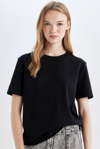 Regular Fit Bisiklet Yaka Basic Düz Kalın Kumaş Kısa Kollu Siyah Tişört