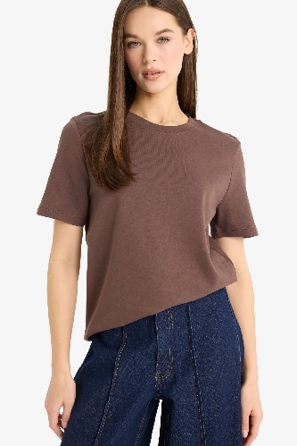 Regular Fit Bisiklet Yaka Basic Düz Kısa Kollu Tişört