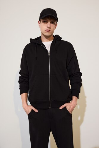 Erkek Siyah Relax Fıt Kapüşonlu İçi Yumuşak Tüylü Kalın Kumaş Fermuarlı Sweatshirt