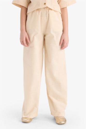 Kız Çocuk - Genç Kız Açık Taş %100 Pamuk Beli Lastikli Wide Leg Geniş Bol Paça Pamuklu Pantolon Kız Çocuk