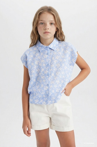 Young Girls - Teen Girls Blue Girl Cotton Floral Short Sleeve Crop Shirt