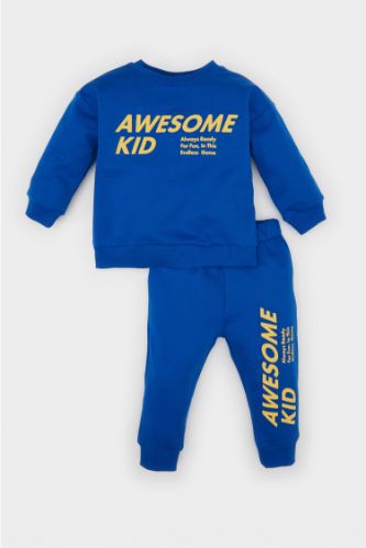 Erkek Bebek 2'li Takım Bisiklet Yaka Baskılı Sweatshirt Lastikli Eşofman Altı