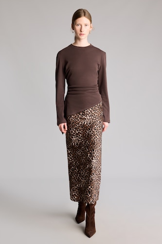 WOMAN Black Mid-Rise Leopard Print Satin Long A-Line Skirt