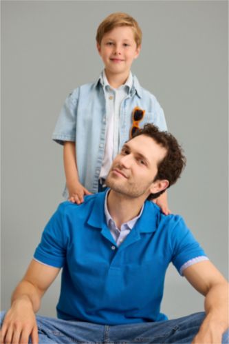 Erkek Mavi %100 Pamuk Slim Fit Polo Tişört