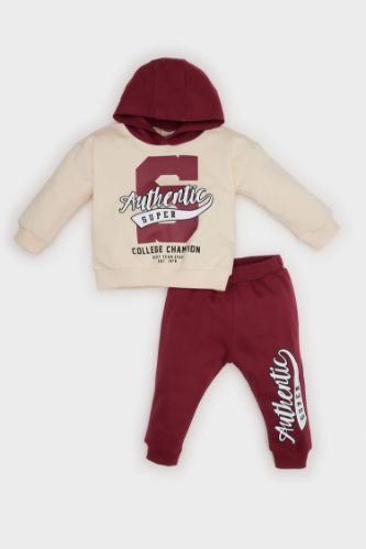 Erkek Bebek 2'li Takım Kapüşonlu Baskılı Sweatshirt Beli Lastikli Eşofman Altı