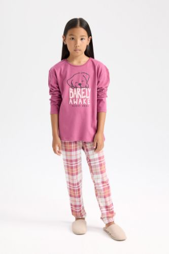 Kız Çocuk Pijama Takımı Baskılı Uzun Kollu Üst Beli Lastikli Uzun Alt