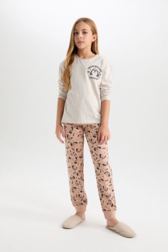 Kız Çocuk Pijama Takım Baskılı Uzun Kollu Üst Desenli Beli Lastikli Uzun Alt