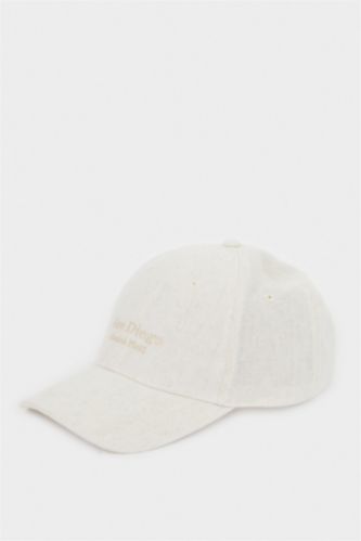 Man Beige Man Linen Blended Embroidered Hat