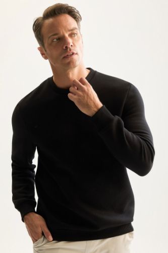 Siyah 3 İplik Pamuklu Şardonlu İçi Polarlı Regular Fit Bisiklet Yaka Kalın Sweatshirt