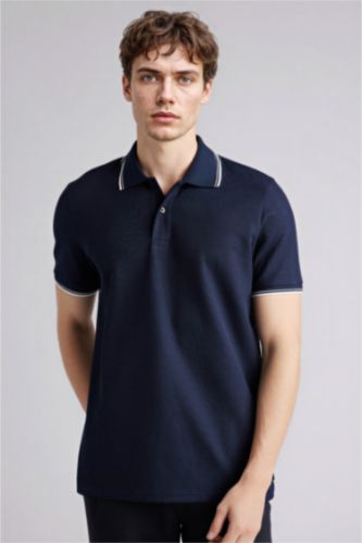 Erkek Lacivert Regular Fıt Polo Yaka Waffle Kısa Kollu Polo Tişört
