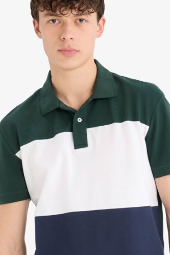 %100 Pamuk Regular Fit Renk Bloklu Kısa Kollu Polo Tişört