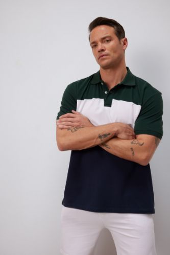 %100 Pamuk Regular Fit Polo Yaka Bloklu Kısa Kollu Polo Tişört