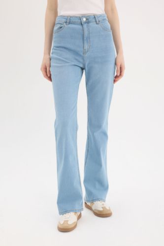 Slim Flare Yüksek Bel Düz Paça Uzun Jean Kar Yıkamalı Pantolon