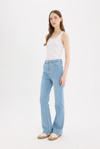 Slim Flare Yüksek Bel Düz Paça Uzun Jean Kar Yıkamalı Pantolon