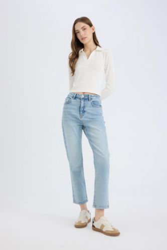 Mary Vintage Straight Fit Yüksek Bel Düz Paça Jean Kar Yıkamalı Pantolon