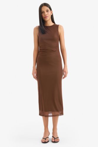 Bodycon Vücudu Saran Yuvarlak Yaka Tül Kolsuz Midi Elbise
