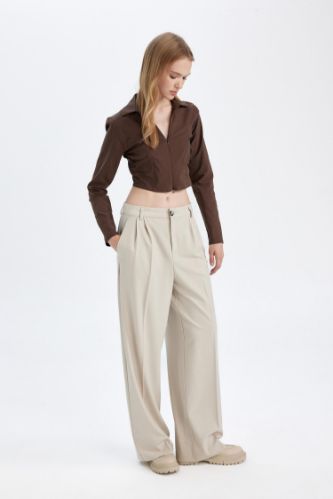 Klasik Kumaş Pantolon Wide Leg Geniş Bol Paça Fleto Cepli Yüksek Bel Standart Boy Basic Düz