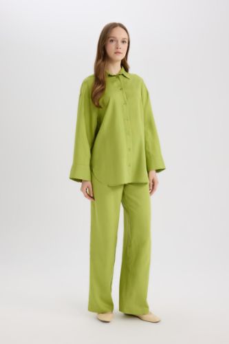 Wide Leg Keten Karışımlı Geniş Paça Pantolon