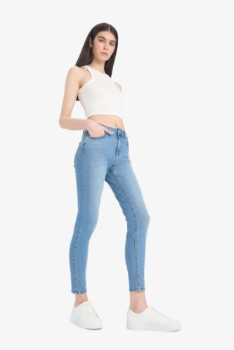 Skinny Fit Yüksek Bel Düz Paça Uzun Jean Taş Yıkama Pantolon