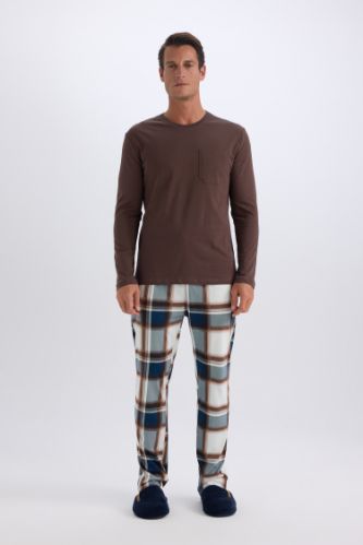 Regular Fit Pijama Takımı Bisiklet Yaka Uzun Kollu Üst Kareli Uzun Alt