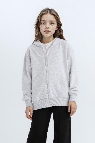 Kız Çocuk Oversize Geniş Kalıp Kapüşonlu Basic Düz Fermuarlı Sweatshirt
