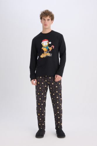 Garfield Yılbaşı Temalı Pijama Takımı Bisiklet Yaka Uzun Kollu Üst Uzun Alt